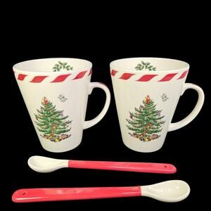 Spode Christmas Tree Conical‎ Mugs Cup Peppermint Spoon Set 2 Coffee Cocoa READ